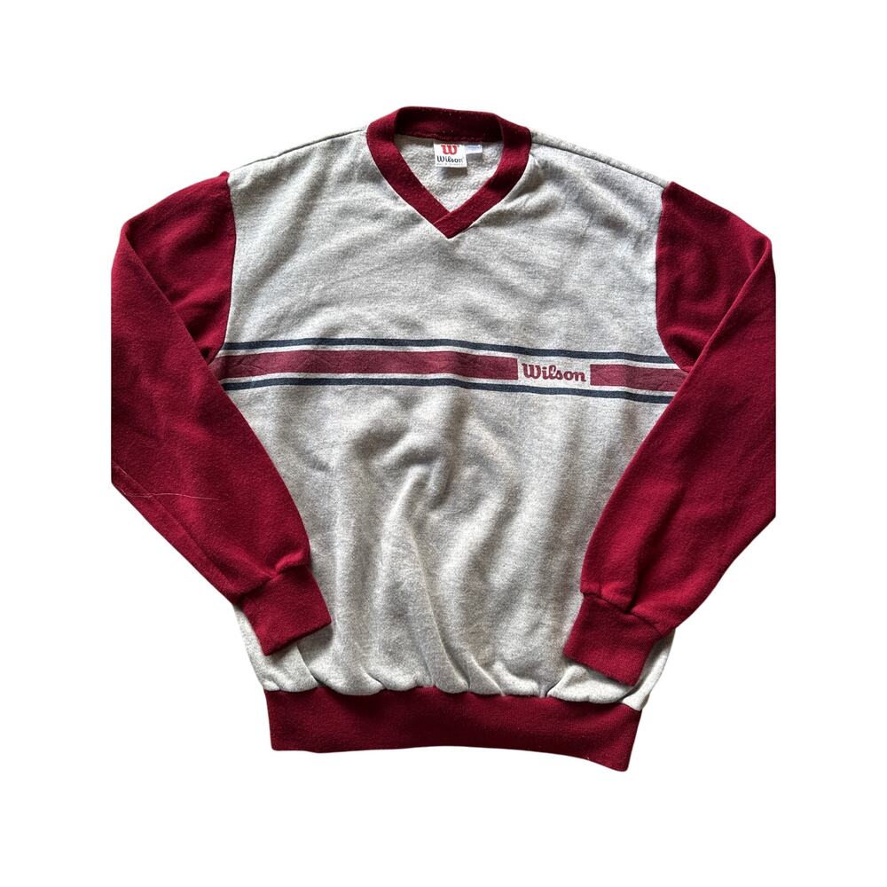 Vintage Wilson Heather Gray Red Sleeve Large V-neck Tennis Sweatshirt Sweater